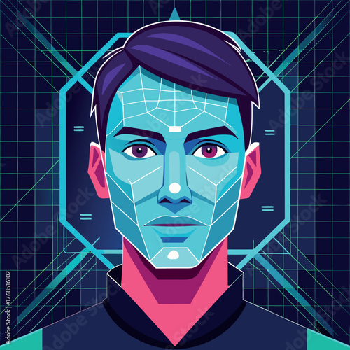 Futuristic facial recognition grid overlaying a human face for biometric identification and security