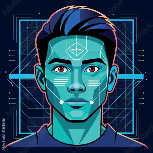Futuristic facial recognition system with a digital grid overlay on a human face representing biometric security and identification technology