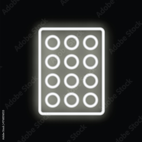 White neon blister pack of pills glowing on a dark background
