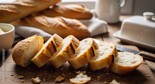 A close-up of sliced French baguette bread on a wooden board, showing its crusty exterior and airy interior. A butter dish and whole baguettes are visible in the background.