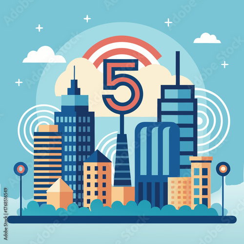 Abstract 5g network connectivity map overlaying a modern city skyline with vibrant signal lines and geometric shapes