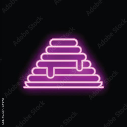 Bright purple neon sign representing a stack of pancakes with syrup, perfect for restaurant signage