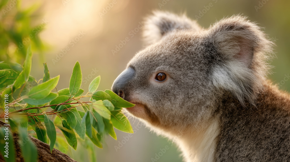 Obraz premium Koala enjoying eucalyptus leaves at sunrise in scenic nature setting