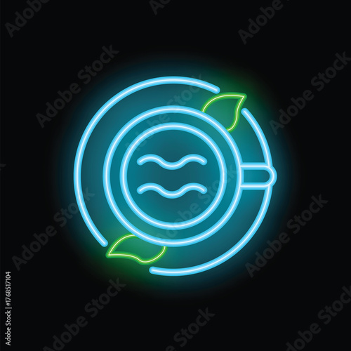Neon sign of a steaming tea cup with green leaves, perfect for any cafe or tea room looking for a vintage logo