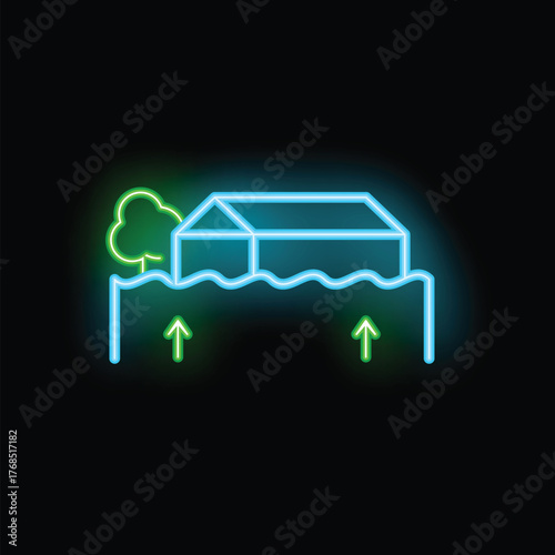 Glowing neon icon of a house being flooded with rising water level, symbolizing natural disaster and climate change