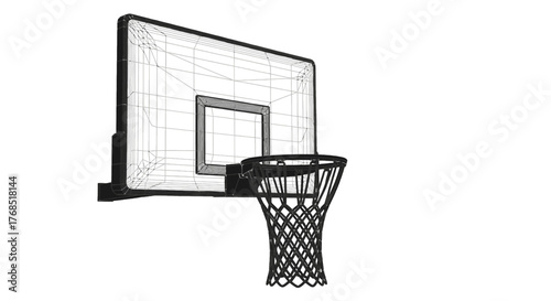 A 3D wireframe rendering of a basketball hoop and backboard isolated on a white background.