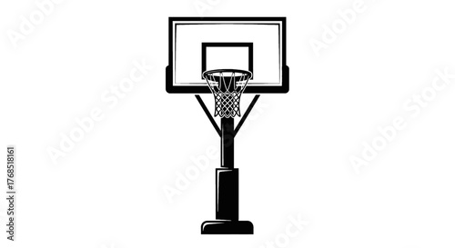 A black and white illustration of a portable basketball hoop with a net and backboard.