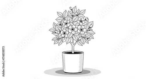 Black and white line art illustration of a potted flowering plant with abundant leaves and blossoms.