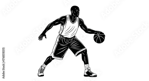 A black and white illustration of a muscular basketball player dribbling a ball on a white background.