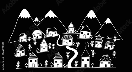 A whimsical illustration of a village nestled between mountains, featuring houses and people.
