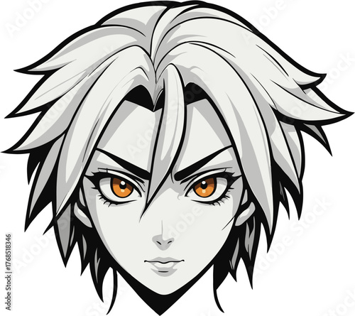 Anime heroine warrior face portrayed in a simple and bold style captured in a minimal setting showcasing strength, elegance, and character with stylized features and visual impact