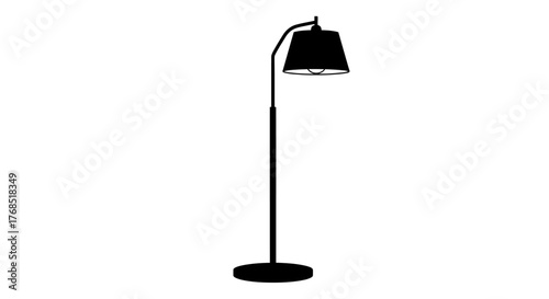 Black silhouette of a modern floor lamp with a curved arm and a conical shade, standing on a white background.