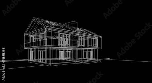Photos Wireframe rendering of a modern two-story house with a gabled roof and large windows