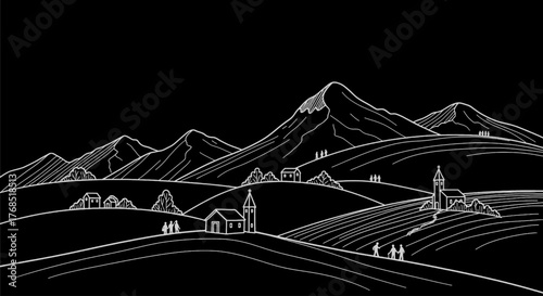 White line art illustration of a serene mountain landscape with rolling hills, small villages, and churches under a dark sky, depicting a peaceful rural scene.