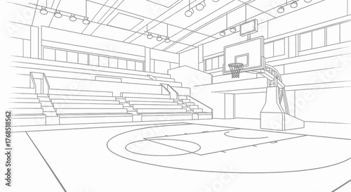 Perspective drawing of a basketball court with bleachers and a hoop.