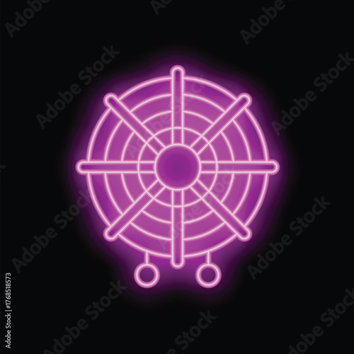 Neon sign of a computer fan, with purple light, on a black background