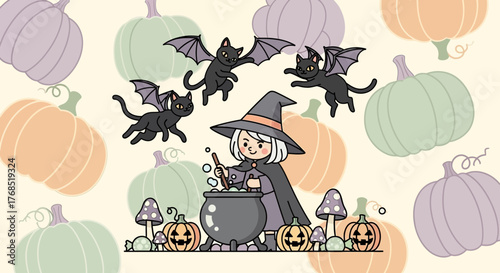 Whimsical halloween scene with charming witch brewing a potion amid flying feline bats and