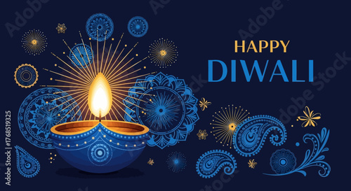 Elegant Diwali Celebration Illustration with Traditional Diya Lamp and Festive Ornamentation