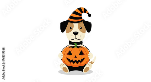 Adorable dog illustration wearing a witch hat and holding a Halloween pumpkin for trick or treat