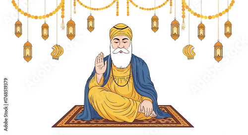 Guru Nanak Dev Ji illustration with hanging lamps in celebration of Gurpurab event