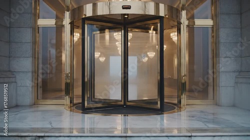 Luxurious Golden Revolving Door Entrance with Ethereal Mist and Grand Architecture