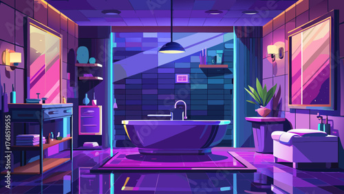 Vector of luxury bathroom interior with neon purple lighting, reflections on marble, glass shower, calm night mood, detailed realistic textures, modern elegant atmosphere