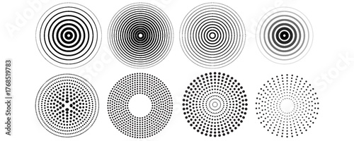 Black concentric circle set. Sonar or sound wave ring collection. Dotted and linear epicentre, target, radar icon concept. Ripple radial signal or vibration elements. Vector line and halftone symbols