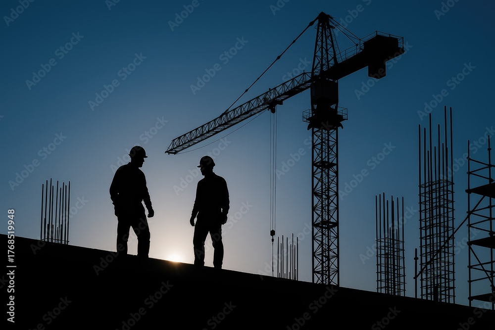 Fototapeta premium Construction workers oversee crane operations at dawn on a building site, building, workers, crane, dawn