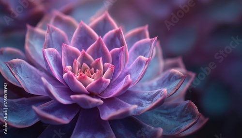 Close-Up View Of Echeveria Succulent Plant With Abstract Purple Toned Floral Pattern In Selective Focus For Detailed Examination.