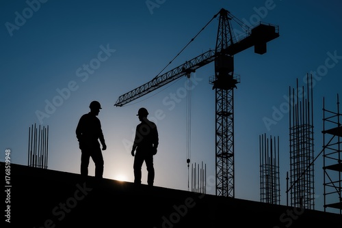 Construction workers oversee crane operations at dawn on a building site, building, workers, crane, dawn