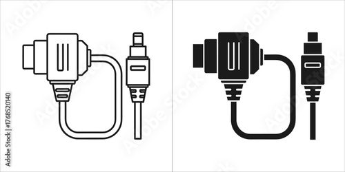 Two icons of a power adapter and cable, one outline and one solid