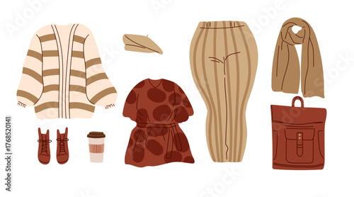 Outfit set for overweight girls. Casual clothing for autumn and winter time set. Blouse, trousers, bag, beret, cardigan, boots in modern street style. Casual clothes set. Flat vector illustration