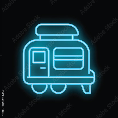Blue neon sign depicting a camper van with roof rack, symbolizing camping, travel and adventure, set against a black background