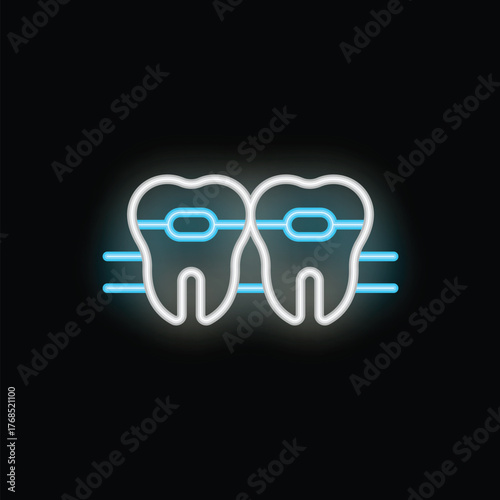 Neon icon of teeth wearing braces glowing on black background, concept for dental care