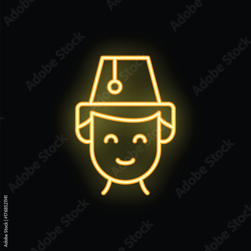 Yellow glowing neon icon of a cheerful bellboy on a black background