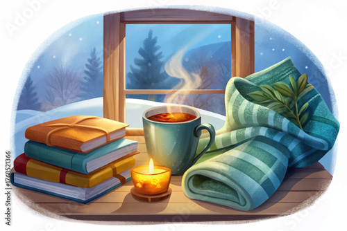Warm tea mug with book and blanket near frosted window symbolizing peaceful winter relaxation indoors