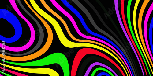 Shaded vector illustration of torus inside view with geometrical hypnotic psychedelic colorful stripes on black background.
