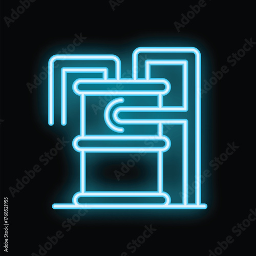 Bright neon blue icon of an oil barrel being filled, evoking fossil fuels, energy, and industry on a black background