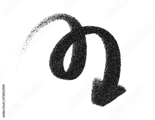 Curved spray paint arrow vector pointing down. Grunge graffiti loop arrow with textured stroke, hand drawn sketch symbol for direction, navigation and street design