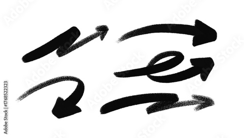 Spray paint arrows set in grunge graffiti style. Vector doodle collection with textured strokes, hand drawn sketch arrows for navigation, motion, urban and abstract design