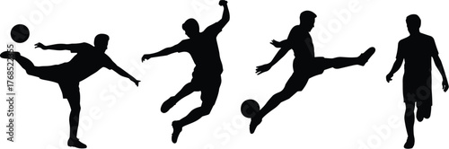 Soccer silhouette, player action, ball strike, jump pose, athletic motion, vector illustration, black graphic, sports energy, game moment, competitionSoccer silhouette, player action