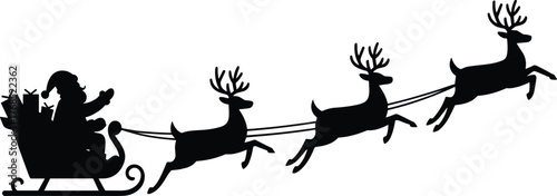 Santa silhouette, sleigh ride, flying reindeer, Christmas vector, holiday tradition, gift delivery, festive motion, black graphic, seasonal icon, winter celebrationSanta silhouette, sleigh ride, 