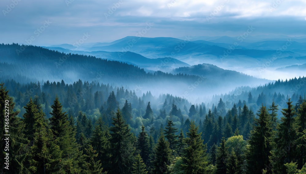 Obraz premium Breathtaking Top View Of Lush Spruce Forest And Misty Blue Mountains. Discover Pohorje Treetop Walk In Rogla, Slovenia, Europe.