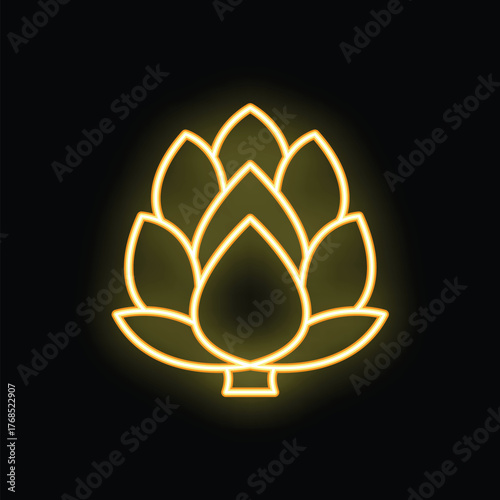 Yellow neon sign of hop cones for brewery or pub decoration