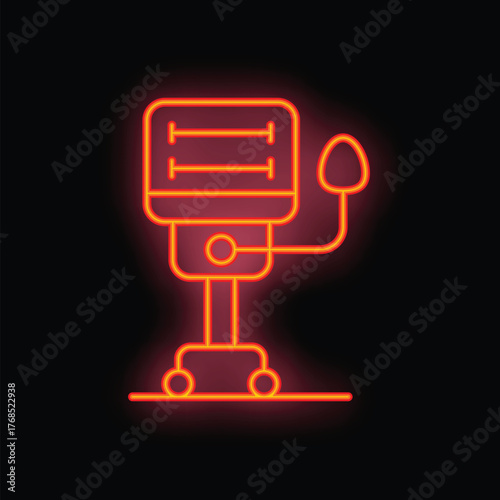 Bright neon icon of a medical ventilator on wheels with its oxygen mask, glowing on a dark background