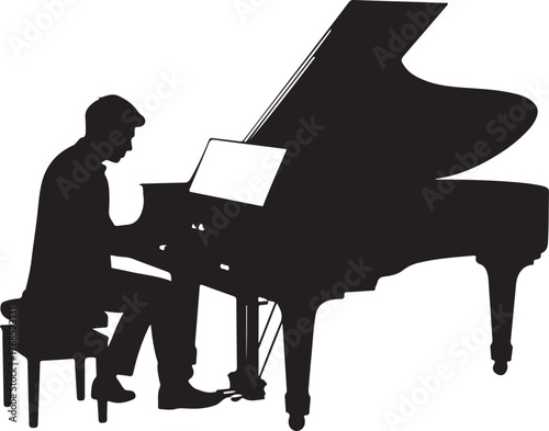 black silhouette of pianist on white background, vector