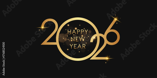 2026 Happy New Year with gold design. 2026 New year background. Greeting Card, Banner, Poster. Vector Illustration.