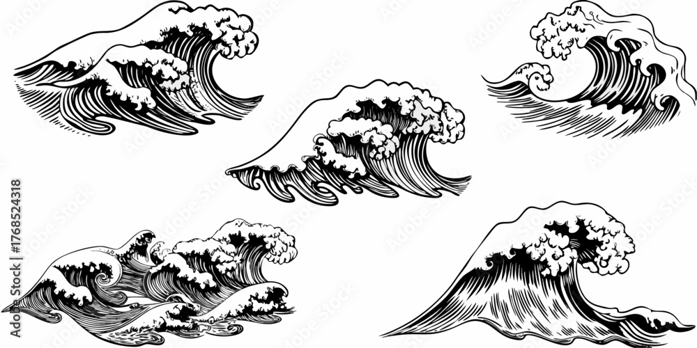 Obraz premium Illustration of five black and white stylized ocean waves with foamy crests and detailed line work