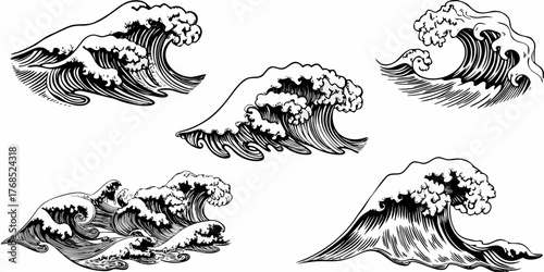 Illustration of five black and white stylized ocean waves with foamy crests and detailed line work