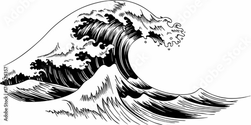 Illustration of a large ocean wave with intricate line work and detailed foam cresting over the water